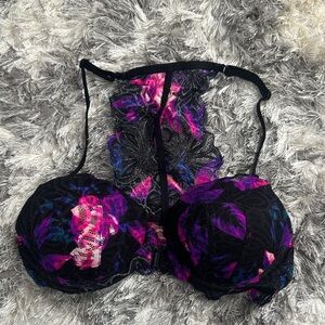 Victoria's Secret Black Lace Push-Up Bra with Pink & Purple Floral Print